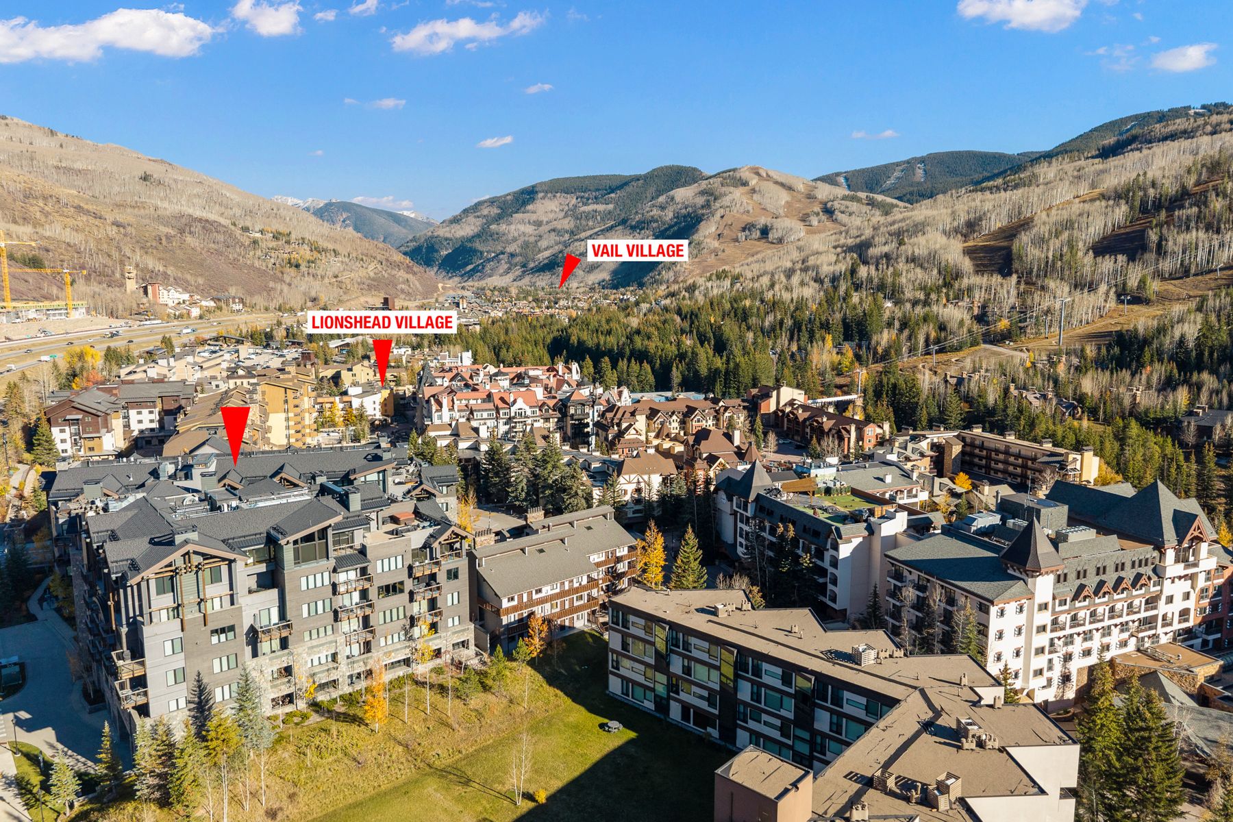 Aerial view of The Lion with Lionshead Village and Vail Village marked